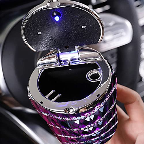 Image of Surakey Ashtray for Car Crystal Car Ashtray Cigarettes Ash Holder Container with Blue LED Light, Auto Car Diamond Cover Ashtray Holder,Windproof for Outdoor Travel,Home Use Purple