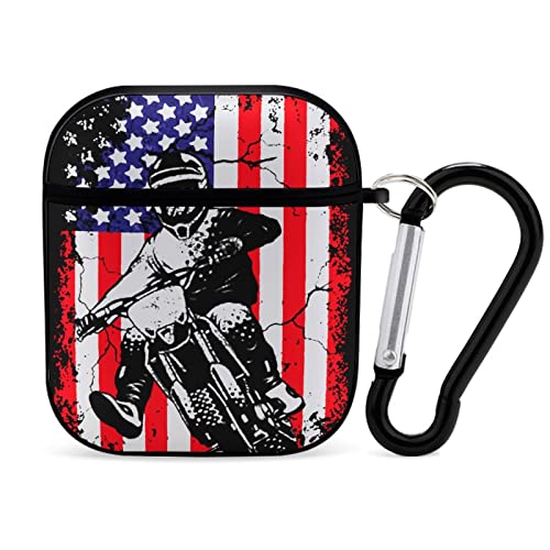 Dirt Bike American Flag Motocross Biker Compatible with AirPods 2nd 1st Generation Case Cover Cute Funny Shockproof Protector for Men Women