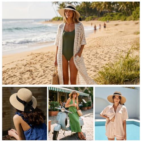 Image of Surblue Women's Beach Straw Hat, Wide Brim Sun Hat with Black Bow