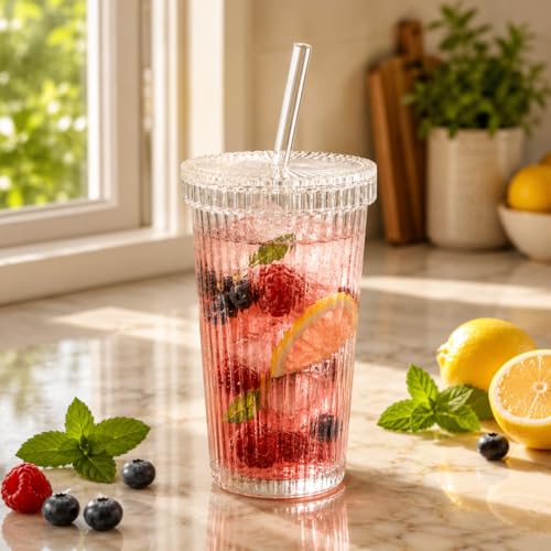 Image of Glass Tumblers with Wooden Lid and Glass Straw, 540ml, Borosilicate Glass, for Coffee, Iced Coffee, Juice and Smoothies, Coffee Mug, Sipper, Glass Tumbler (Transparent - Ribbed Glass)