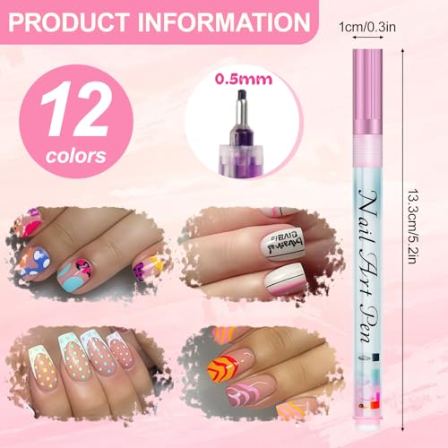 Image of 12 Color Nail Art Pens Set, 0.5 MM Nail Polish Pens Dotting Drawing Painting Point Liner Painted Pen Kit, Waterproof and Quick-drying Nail for DIY Nails Art Design Manicure Tools