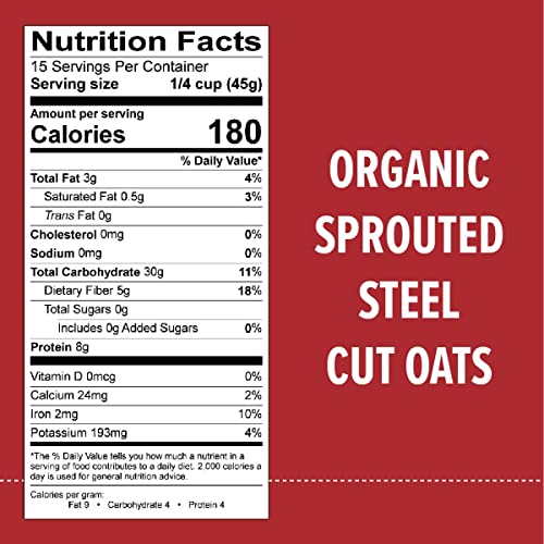 One Degree Organic Foods Sprouted Steel Cut Oats, USDA Organic, Non-GMO Gluten Free Oatmeal, 24 oz., 8 Pack