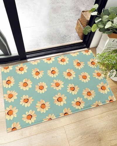 Indoor Doormat Watercolor Yellow Echinacea,Shaggy Floor Mat with Non-Skid Backing Rustic Pastoral Floral on Light Green,Machine Washable Plush Area Rug Carpets for Kitchen Nursery Bedroom