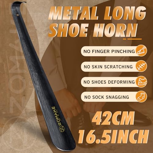 ZOMAKE Shoe Horn Long Handle for Seniors Men Women,Metal Long Shoehorn for Boots,16.5\" Shoe Spoon Helper(1 Pcs Black B)