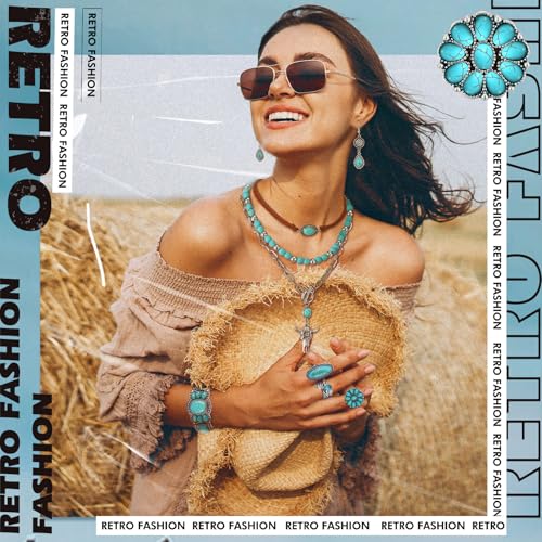 Image of Ecally Bohemian Western Jewelry Turquoise Set Women Country Pendant Long Choker Layered Bracelets Earrings Ring for Women