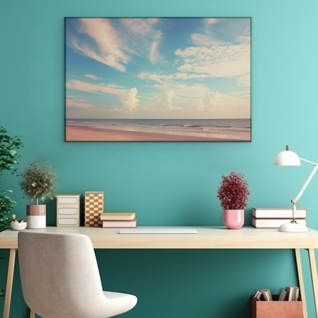 Canvas for Living room. Golden Sands and Serene Waves - A Vintage Beach Escape into Tranquility, 27 x 18 inch Canvas Wall Art - Ready to Hang - 69x46 cm (27x18 inch)