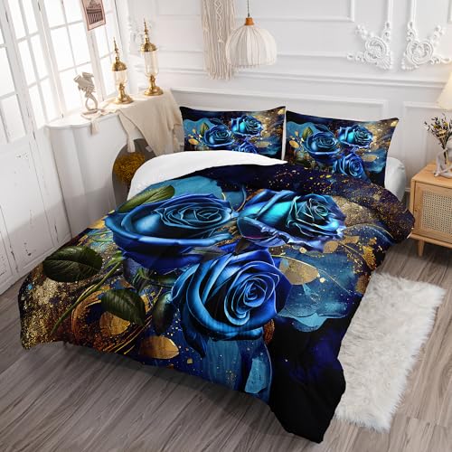 Image of AILONEN 3D Rose Bedding Queen Set, Floral Comforter, 3 Pieces Including Blue Rose Quilt and Pillowcases