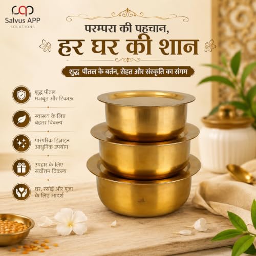 Image of Salvus APP SOLUTIONS Brass Miniature Bhagona Patila Set with Lid, Set of 3 | Traditional Kitchen Utensils for Pooja, Home Temple, Dollhouse & Kids Pretend Play | 2.5 x 2.5 x 1 Inch