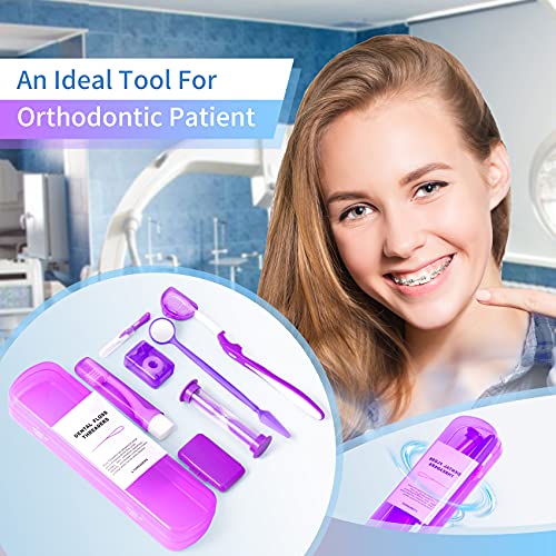 Braces Kit Cleaning Tools Boxed 8 Pack For Orthodontic, Portable Travel Dental Pick Tool Set For Braces, Interdental Brush, Ortho Wax, Floss, Oral Mirror Included - Purple #TOP2