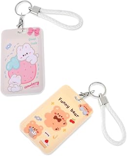 2Pcs Pink & Yellow Photocard Holder, Student Office Work ID Membership Credit Cards Bus Pass Animal with White Bracelet(Hugging Strawberry Rabbit & Cake Bear)