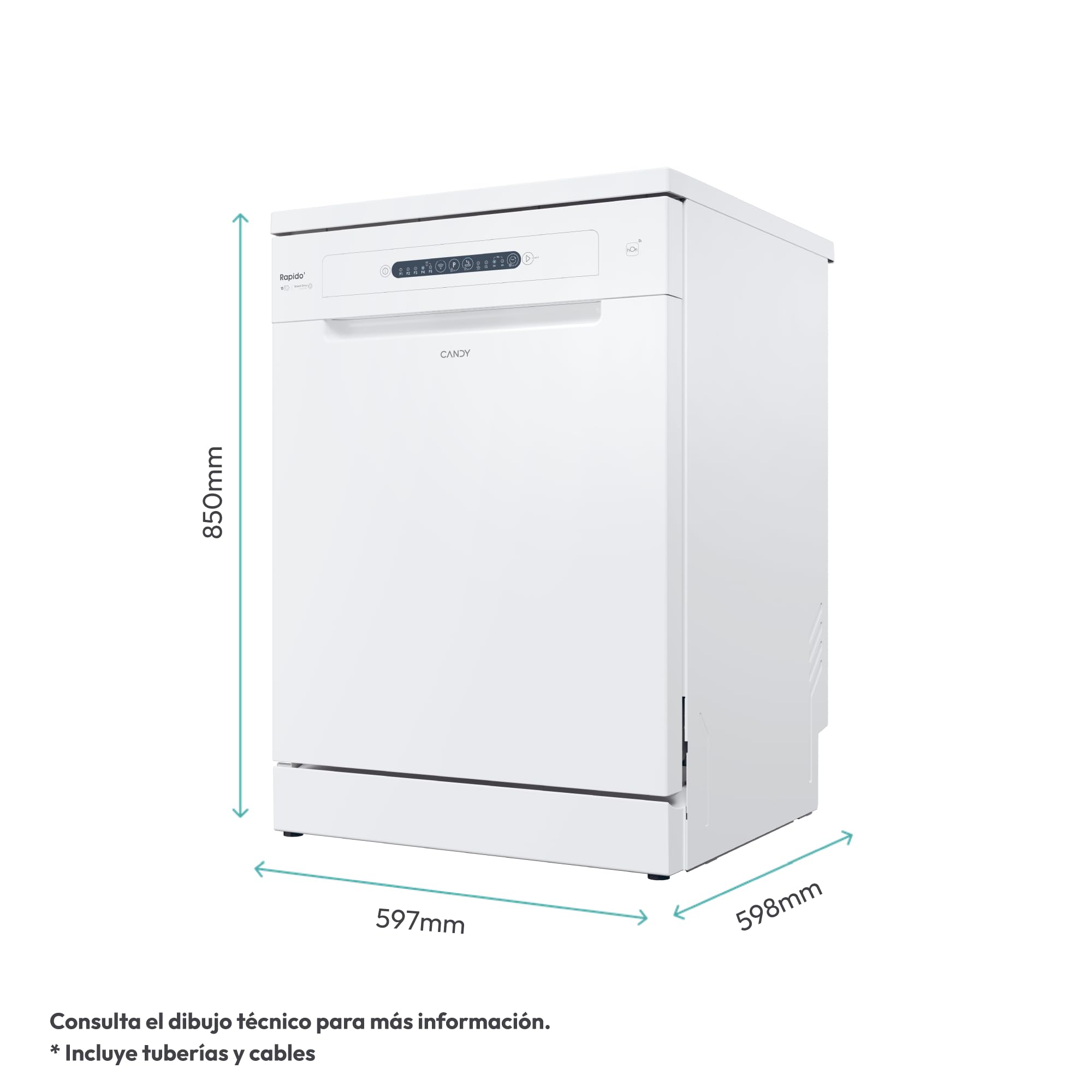 Candy Rapidò CF 3C7L1W Lavavajillas 60 CM, 13 Servicios, Wi-Fi, 5 Programas, Tercera Bandeja, Motor Inverter, Inicio Diferido 3-6-9 H, Indicador Sal y Abrillantador, 47DB, Blanco