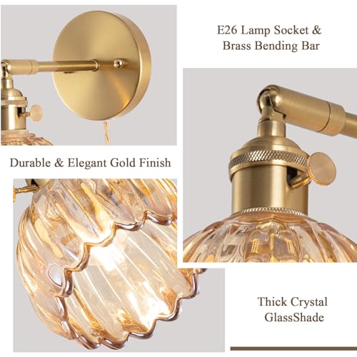 Image of Plug-in Wall Sconce, Vintage Wall Decorative Lamp with Amber Glass Shade, Indoor Plug-in Wall Sconce for Bedroom, Living Room, Hallway