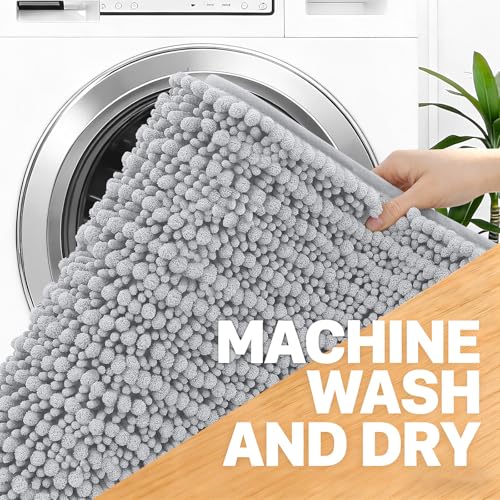 Image of OLANLY Bathroom Rug Mat 44x24, Thick Soft and Absorbent Chenille Bath Mat, Non-Slip Rubber Backing, Machine Washable Quick Dry Bath Rugs for Tub Shower Floor, Home Decor Accessories, Light Grey