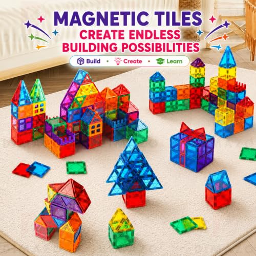 Image of 100 Pieces Magnetic Tiles Magnet for Girls Boys Sensory Magnetic Blocks Building Toys for Kids Preschool Learning Montessori Toy for 3 Year Old Toddler Age 3 to 8 (Multi 100 Magnetic Tiles)