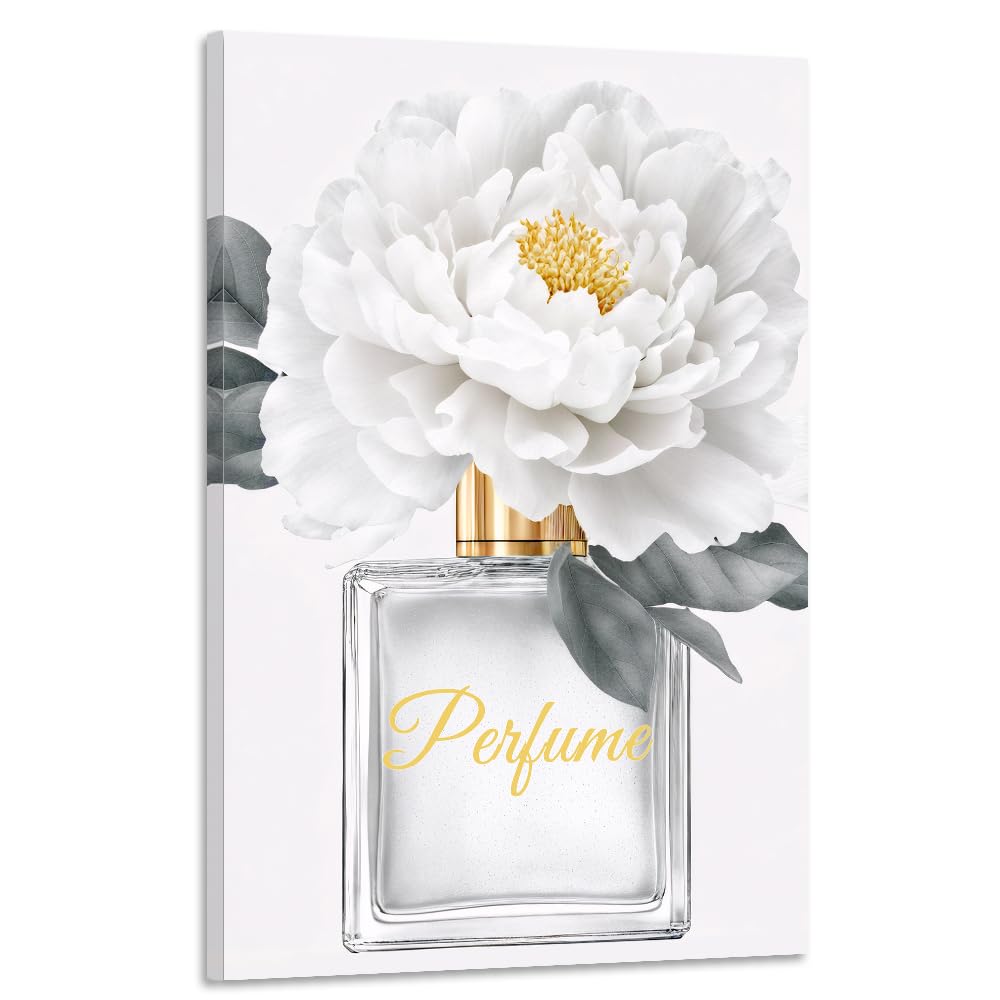 CGXLB Canvas Wall Art Glam Perfume Pictures Wall Decor Pictures of Bottles of Perfume Flower Painting for Bedroom, Women Living Room Posters Golden