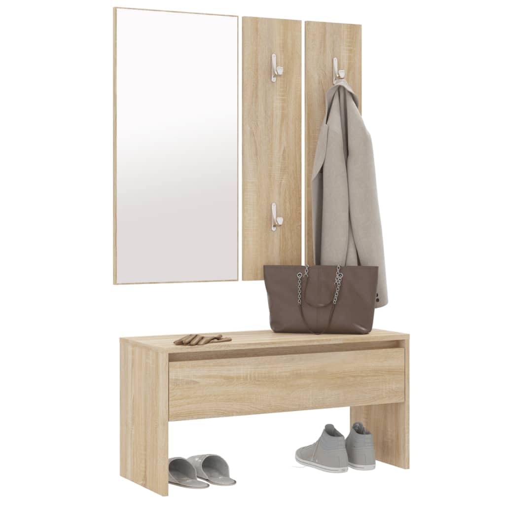 Zestaw garderoby Sonoma dąb drewnopochodny, ławka do korytarza, z szufladą, lustrem i hakiem garderoby, 80 x 30,5 x 40 cm, oszczędzający miejsce system przechowywania