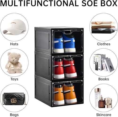 Image of INSTY 12 Pack Large Shoe Storage Box, Clear Shoe Storage Organizer with Magnetic Door, Stackable,Shoe Containers For Display Sneakers, Easy Assembly, Fit up to US Size 12, Black