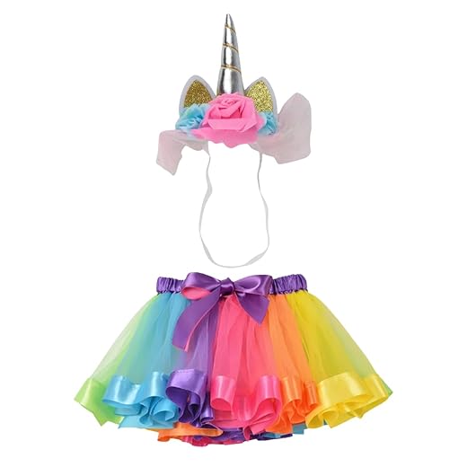 Kit Fantasia Unicórnio Infantil, com Saia de Tule Tutu Colorida Arco-Íris e Tiara de Unicórnio com Elástico, Cintura Ajustável até 40cm