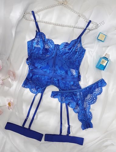Image of Alrovetoney Sexy Lingerie Set 4pcs Teddy Bodysuit With Bra And Panties & Thigh Highs Corset Bodysuit XS-3XL