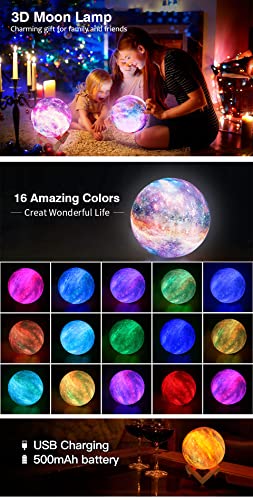 SMARTDATA Lâmpada Lua noturna infantil, lâmpada Galaxy de 16 cores LED 3D lua com suporte de madeira