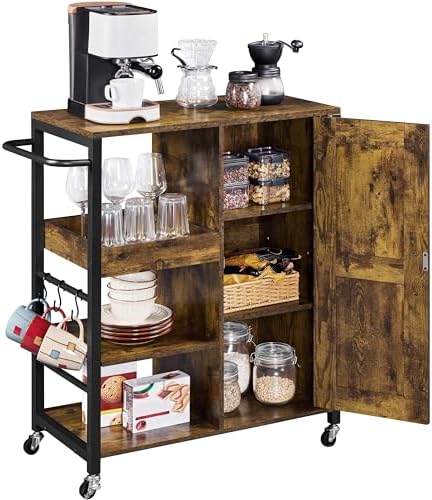 Yaheetech Kitchen Island Cart on Wheels, Rolling Serving Utility Trolley Cart with Storage Cabinet and Adjustable Shelves, Cupboard with Barn Door & S-Hooks for Dining Room/Living Room, Rustic Brown Yaheetech Kitchen Island Cart on Wheels, Rolling Serving Utility Trolley Cart with Storage Cabinet and Adjustable Shelves, Cupboard with Barn Door & S-Hooks for Dining Room/Living Room, Rustic Brown