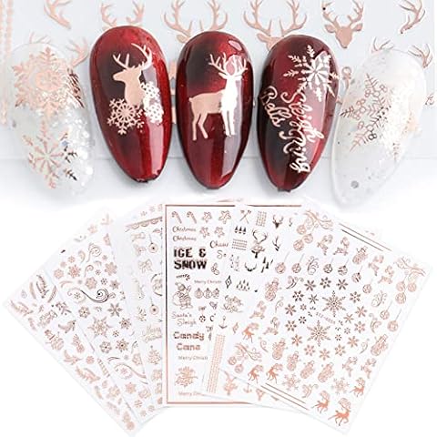 JMEOWIO 9 Sheets Christmas Nail Art Stickers Decals Self Adhesive Nail Stickers Snowflake Reindeer Pattern DIY Decoration Tools Accessories Long Beauty for Women Girls, Rose Gold Cover
