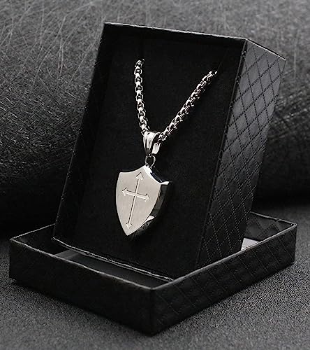 Lemu Stainless Steel Men Shield Armor Of God Joshua 1:9 Faith Cross Pendant Necklace (Pendant With Chain 24 Inches) #TOP3