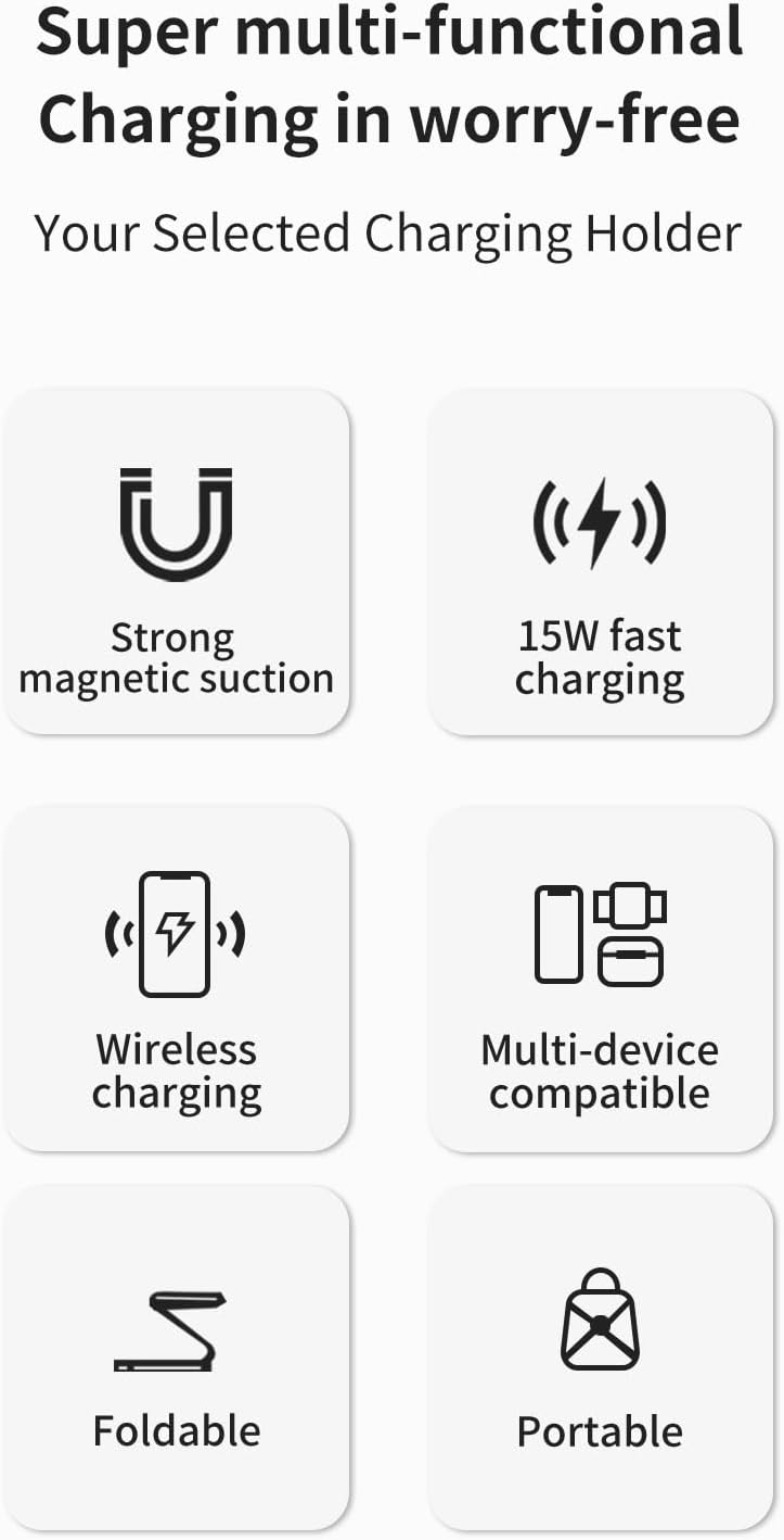 3 in 1 Magnetic Wireless Charger, Foldable Travel Charging Station, Portable 3 in 1 Wireless Charging Pad with Phone Stand, Compact for Travel Home Office (Black)