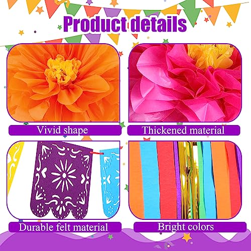 Image of TaoBary 28 Pcs Mexican Party Decorations Set Mexican Paper Flowers Fiesta Ruffled Streamer Backdrop Papel Picado Banner Mexico Party Decorations for Cinco De Mayo Decor(Multicolored,Classic)