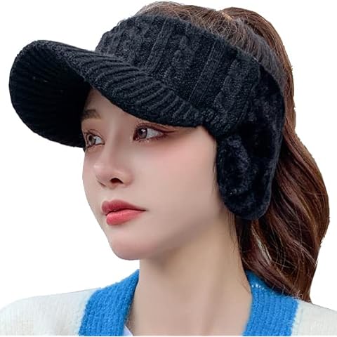 Avilego Elastic Knit Visor Hat for Women Chic Sports Hat Baseball Cap with Fluffy Warm Earmuffs for Cold Weather 2022, Black, One Size Cover