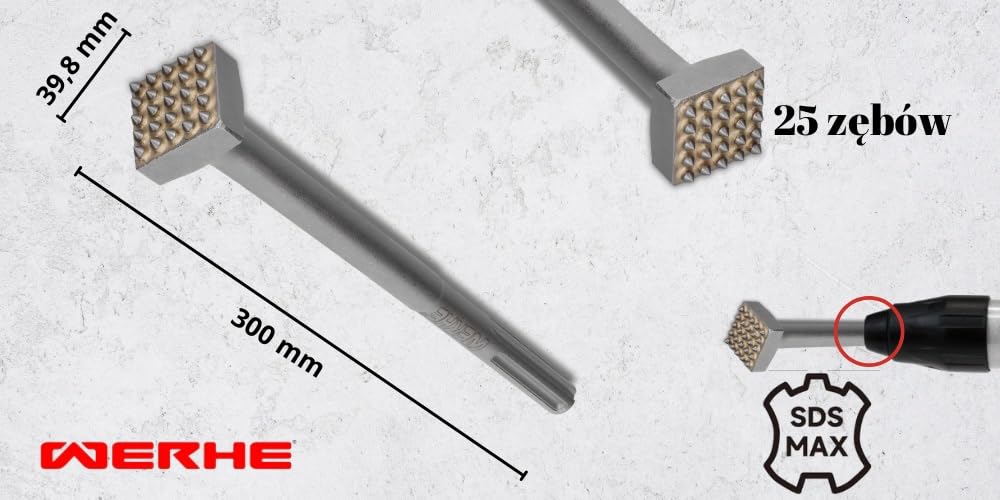 WERHE groszkownik SDS Max, 25 zębów, 300 mm, węglik spiekany do betonu | ze stali hartowanej, ok. 0,88 kg, idealny do rozbiórki i remontu, usuwa tynk i płytki, przygotowuje podłoża, kamień