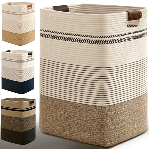 Image of Laundry Hamper, 85L Tall Laundry Basket with Leather Handles, Rectangle Large Clothes Hamper for Organizing, Cotton Woven Laundry Baskets Storage Hampers for Bedroom, Nursery, Living Room