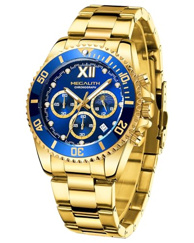 MEGALITH Relojes Hombre Acero Oro - Relojes de Pulsera Grande 43mm Cronografo Fecha Luminosa Fase Lunar Lujo Reloj Cuarzo para Hombre Impermeable 3ATM, Regalo Hombr