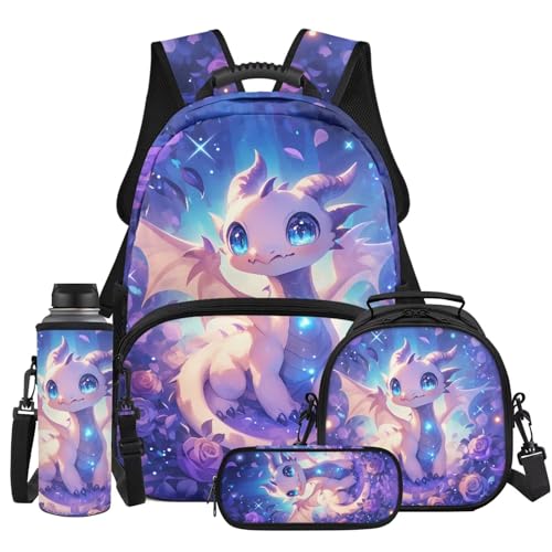 Dreaweet Cute Dragon Backpack for Girls 6-8 with Lunch Box Water Bottle Sleeve & Pencil Case 4-Piece 17 Inch Lightweight Bookbag Set for 2nd-3rd Grade Back to School Gifts