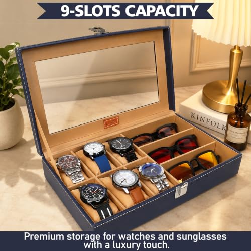 Image of LEDO Watch Box Organizer with 6 Watch Slots and 3 Sunglasses Slots, Blue and Cream, PU Leather, Rectangular, Metal Clasp Lock, Transparent Display Window