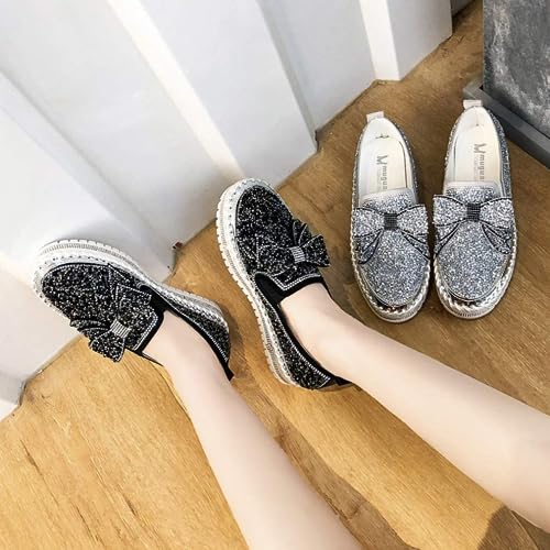SACFOF Women's Fashion Glitter Slip On Sneakers Rhinestone Bling Platform Walking Shoes Cute Bowknot Sequin Shiny Loafers3