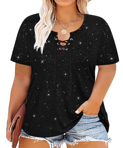 Image of CARCOS Womens Plus Size Tops Short Sleeve Shirts V Neck Tunic Floral /Tie Dye /Solid Summer Tees XL-5X