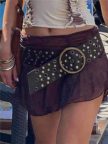 Alyweatry Women Boho Wide Disc Concho Leather Belt Aesthetic Grunge Western Waist Belt Y2k Vintage Accessories2