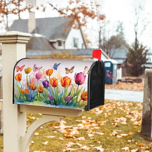 Image of Watercolor Tulips with Butterfly Mailbox Covers Magnetic Standard Size, Spring Summer Magnetic Mailbox Covers 18 inchx21 inch for Outside Yard Decor