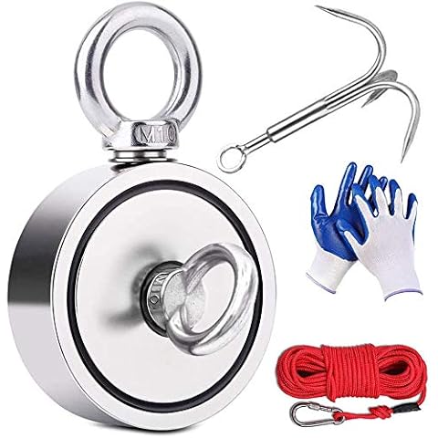 Magnet Fishing Kit 300 KG Double Sided Fishing Magnet with Rope 20M Grappling Hooks Gloves Carabiner Two Eyebolt Neodymium Rare Earth Powerful Super Strong Magnet for Salvage Cover