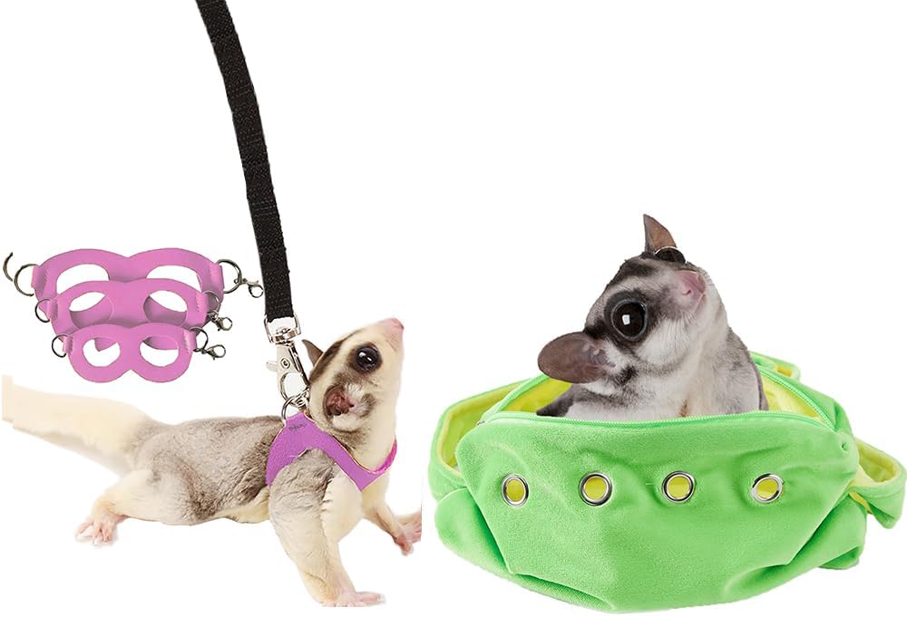Meow&Woof Sugar Glider Bonding Pouch & Small Animal Carrier+ 3 Pack Sugar Glider Harness and Leash Set