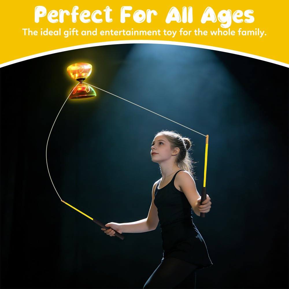 Diabolo Roulement à Billes, avec Roulements à Billes Triple, Diabolo Lumineux, avec Ficelle, Sac en Filet & 2 Bâtons, pour Adultes et Débutants