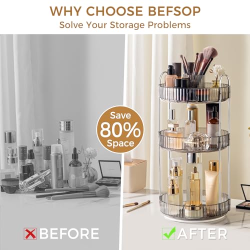 Image of 360 Rotating Makeup Organizer, Upgraded 3 Tier Skincare Perfume Organizers for Women, Bathroom Organizer Countertop, Clear Cosmetic Dresser Organizer with Makeup Brush Holder, Sink&Counter(Grey)