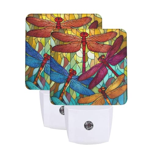 Image of Colorful Dragonfly Night Light Set of 2, Summer Auto Sensor LED Dusk-to-Dawn Nightlights, Plug-in Sensor Lamp for Bedroom Bathroom Kitchen Hallway Stairs Decorative