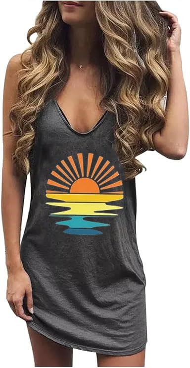 Image of Live Simple Coconut Tree Sleeveless Dress Sunshine Sand Beach Women's Summer Casual V Neck Mini Dress