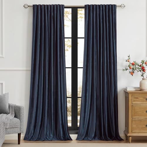 Image of 100% Blackout Navy Blue Velvet Curtains 102 inch Long for Living Room,2 Panel Back Tab Deep Blue Thermal Insulated Room Darkening Curtain with Liner Noice Reducing Soundproof Window Drapes for Bedroom