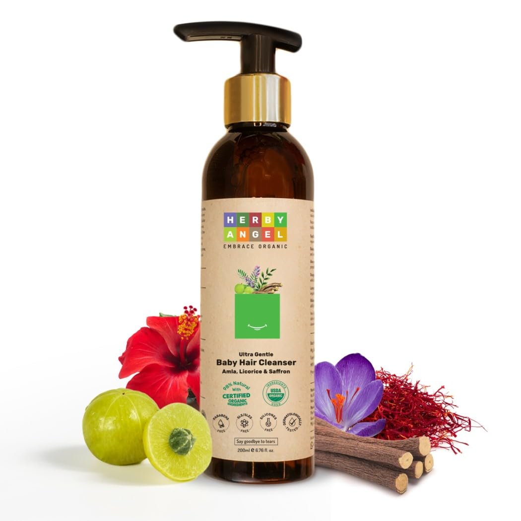 Herby Angel Baby Shampoo - Gentle Baby Hair Care & Cleanser - Natural Cleansing with Licorice, Amla & Saffron - Promotes Hair Growth & Scalp Health - Tear Free Organic Baby Hair Shampoo - 200 ml-image-47