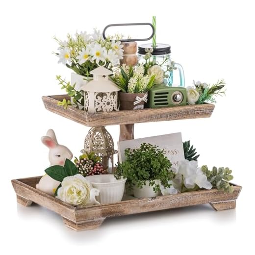 Hanobe Tiered Tray for Table Decor: Mid-Century 2 Tier Decorative Tray Stand for Coffee Bar - Large Farmhouse Centerpiece Display Stands for Seasons - Wood for Kitchen Counter Decorations