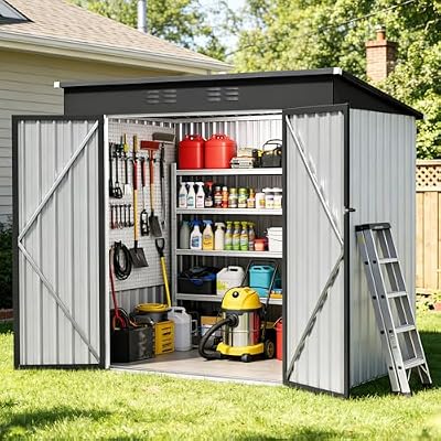 6 x 4 FT Storage Shed, Metal Sheds & Outdoor Storage with Sloping Roof and Lockable Door, Outdoor Shed for Backyard Garden Patio and Lawn,White