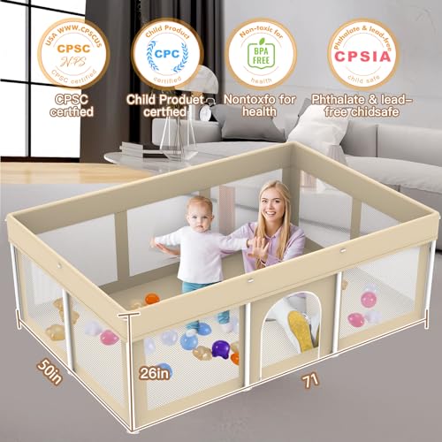 Image of Foldable Large Baby Playpen 50 inchx71 inch, Portable Playard for Babies & Toddlers, No Assembly, Safe Zipper Gate, Soft Mesh Sides, Ideal for Indoor & Outdoor Use, Includes 100 Ocean Balls, Beige
